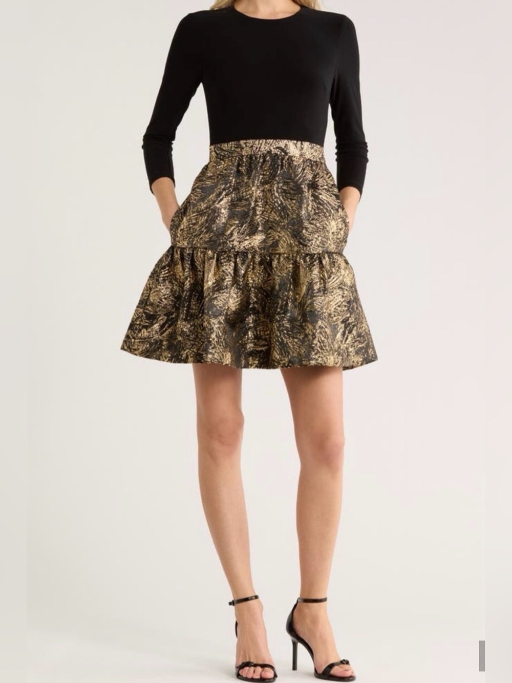 Eliza J Black and Gold Metallic Tiered Mini Dressy Skirt